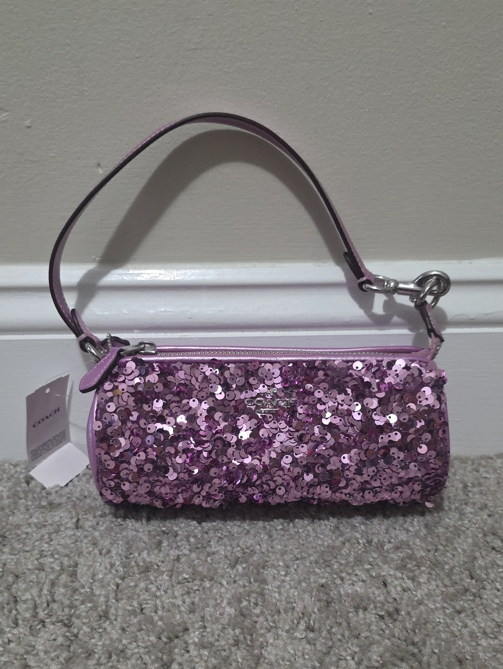 Coach Sequin and Leather Nolita Barrel Bag Silver / Lilac Metallic